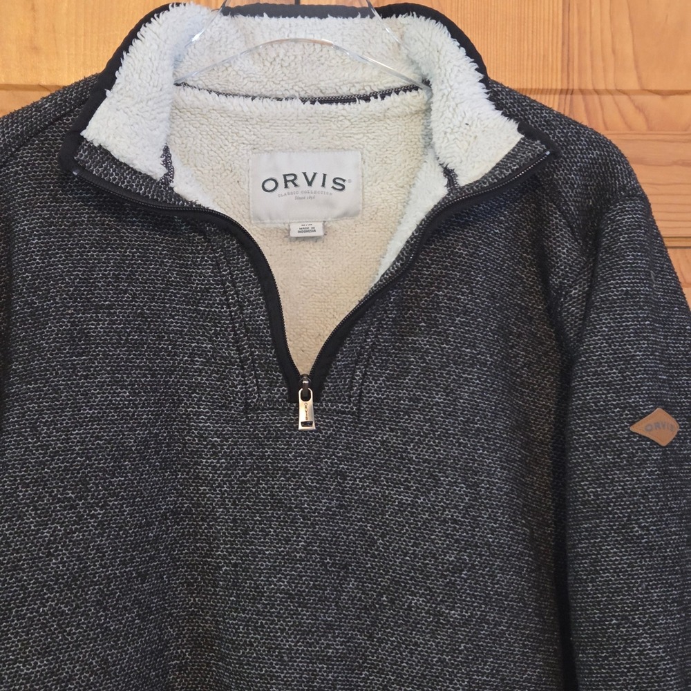 ORVIS‎ Men's M Brighton Pullover Sherpa Lined Quarter Zip Sweater Gray Textured